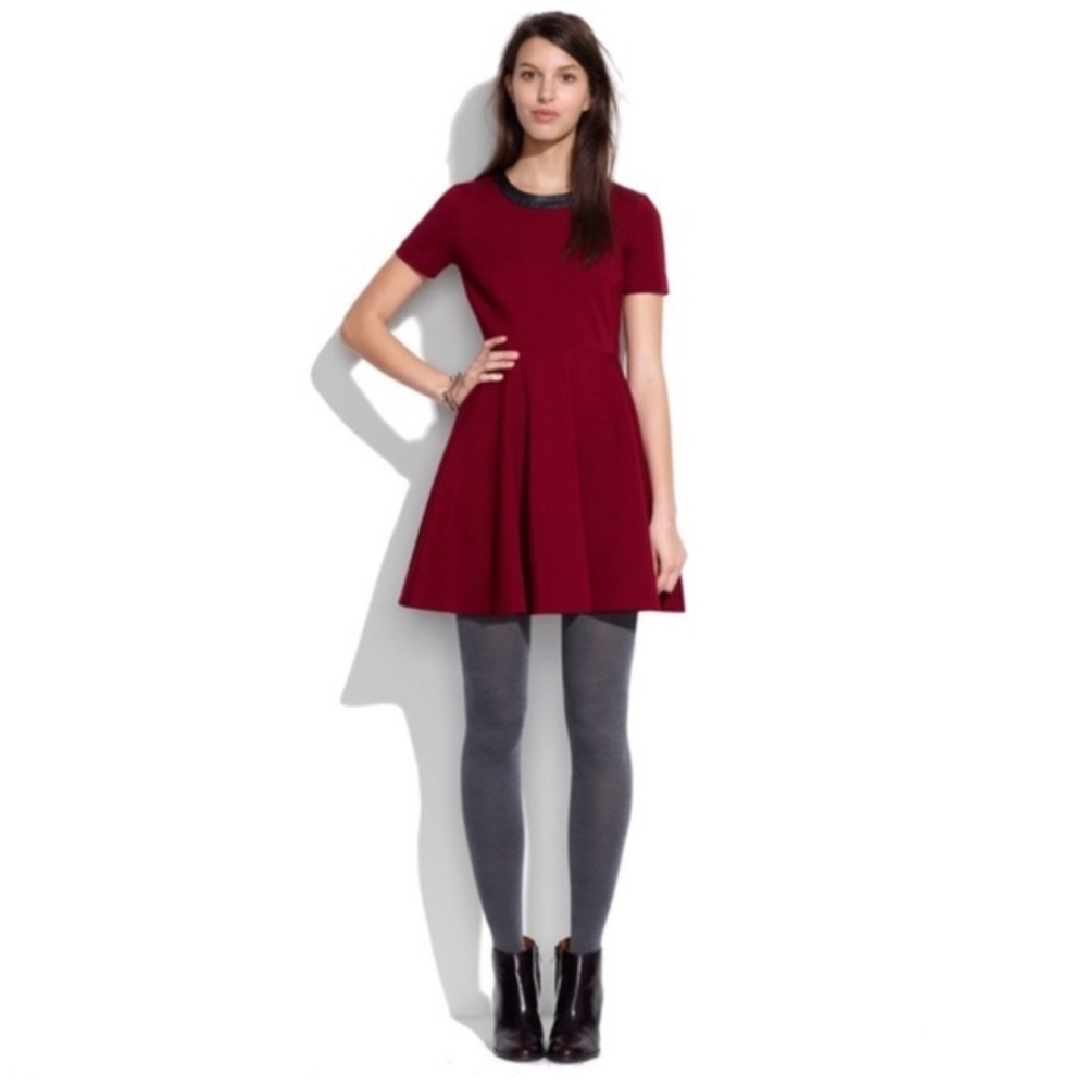 Madewell Maroon Burgundy Fit & Flare Short Sleeve Skater Leather Trim Dress XS